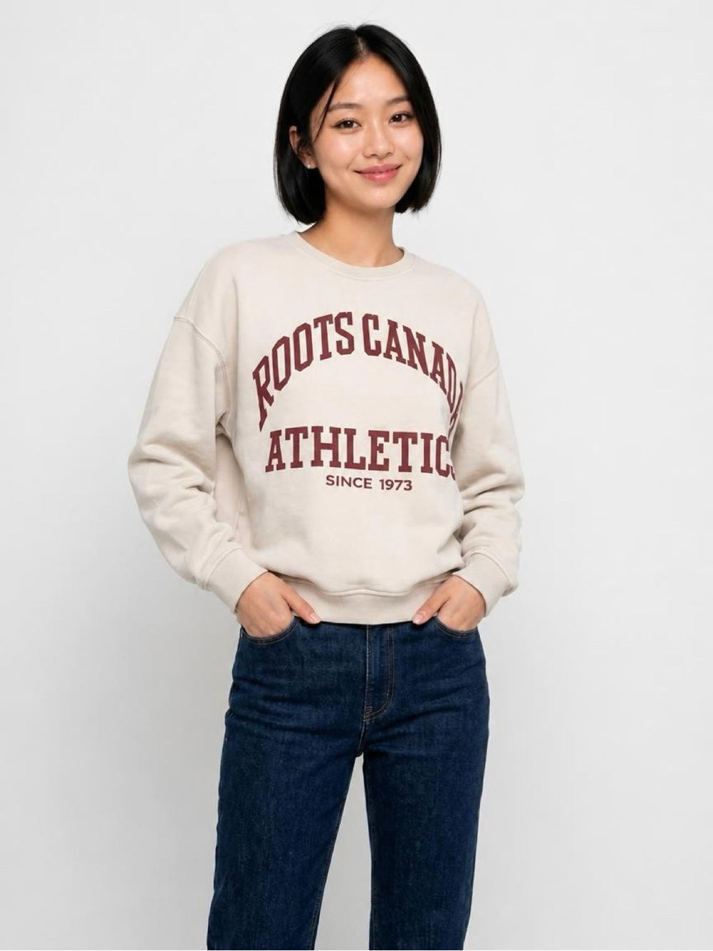 ROOTS - Athletic Crewneck Sweatshirt - Cream with Maroon Logo